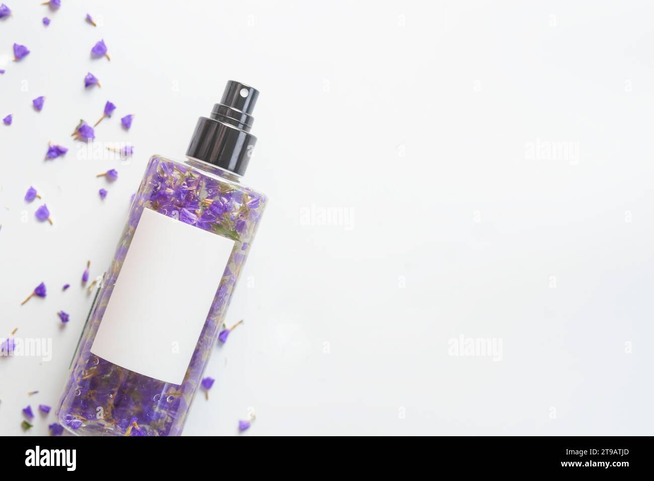 Beauty product spray bottle with purple flowers at white background with copy space. Natural perfume Stock Photo