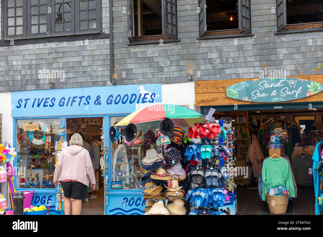 St Ives Cornwall town centre, gifts,surf and beach shop, England,UK,2023 Stock Photo