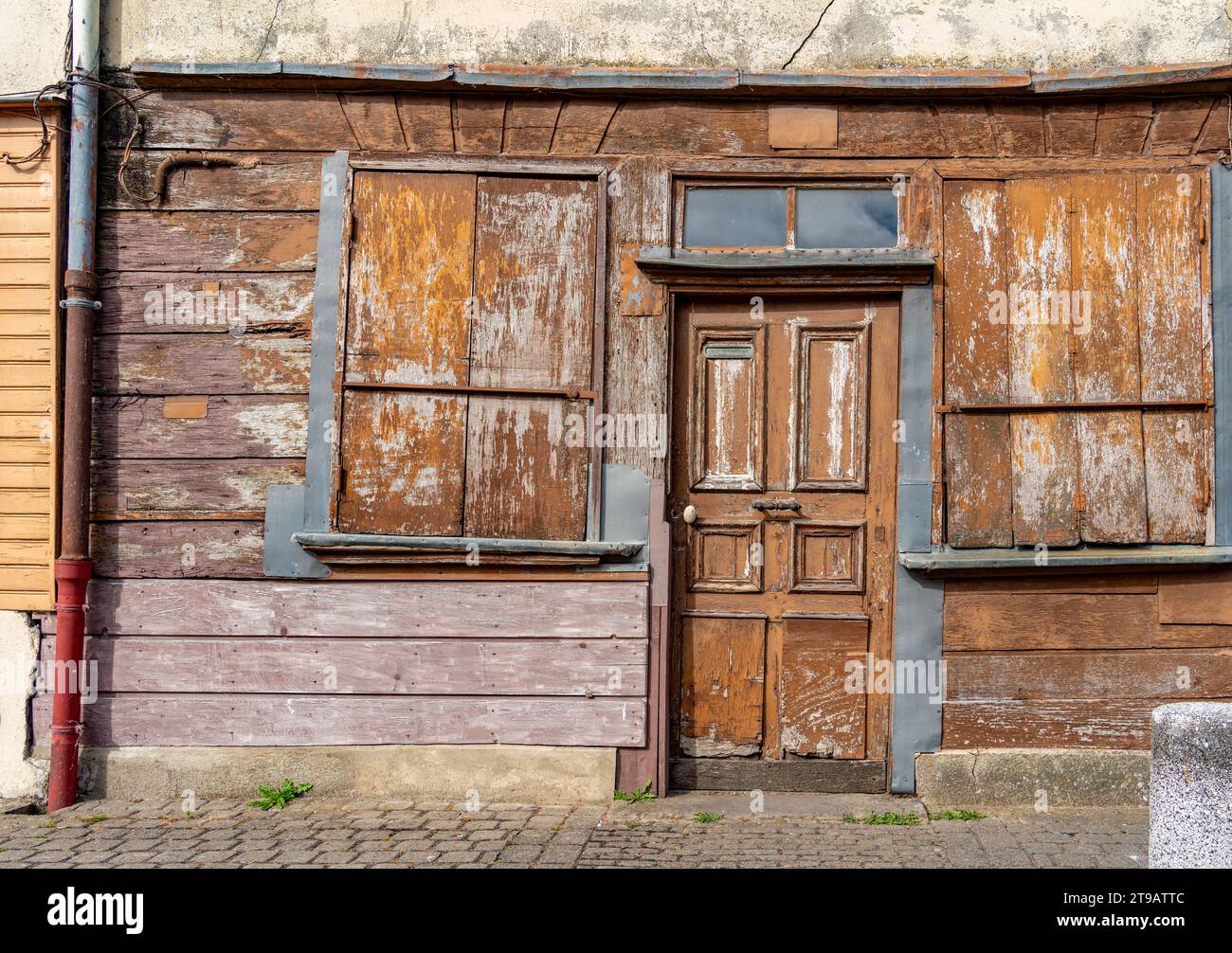 Weathered wooden house facade seen at Saint-Leu quarter in Amiens, a city and commune in northern France Stock Photo