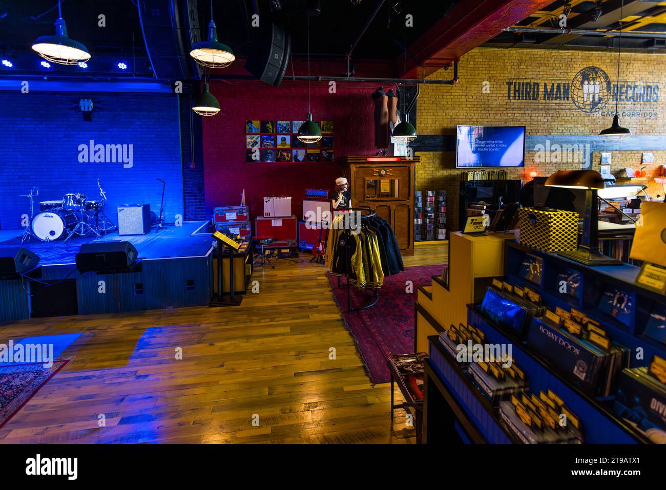 The sales rooms of the record label Third Man Records (Detroit) also feature a stage for live recordings and a soundproof listening booth. Sales rooms of the record label Third Man Records in Detroit, United States. Third Man Pressing's vinyl manufacturing plant is located in Detroit's Cass Corridor. Stock Photo