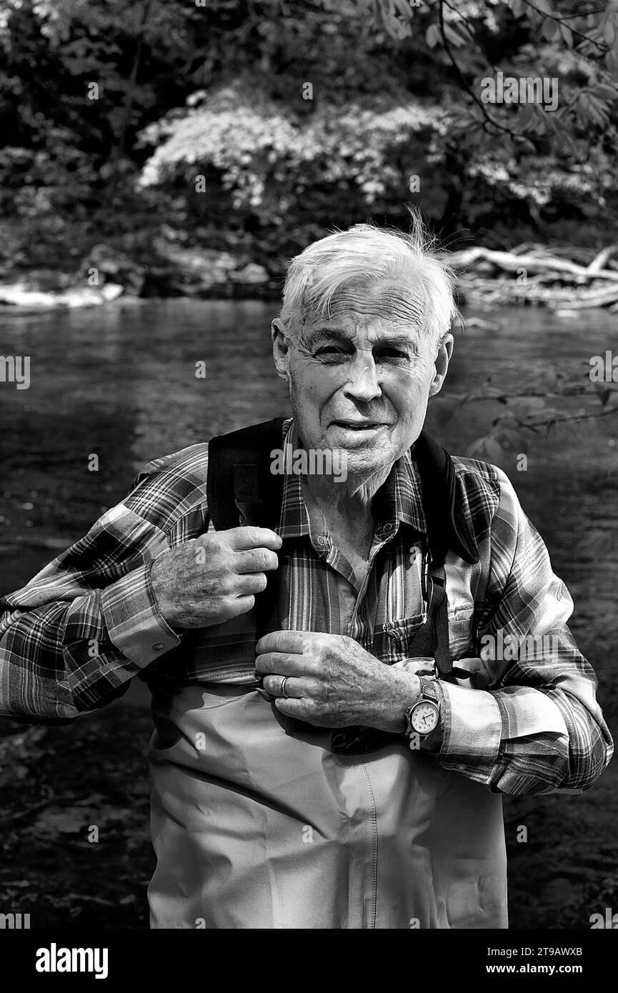 A portrait of 84-year-old Fly fisherman at Ken Lockwood Gorge in High Bridge, New Jersey. Stock Photo