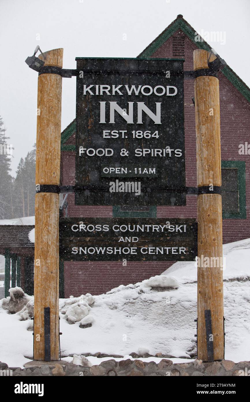 Old lodge / inn during a snow storm. Stock Photo