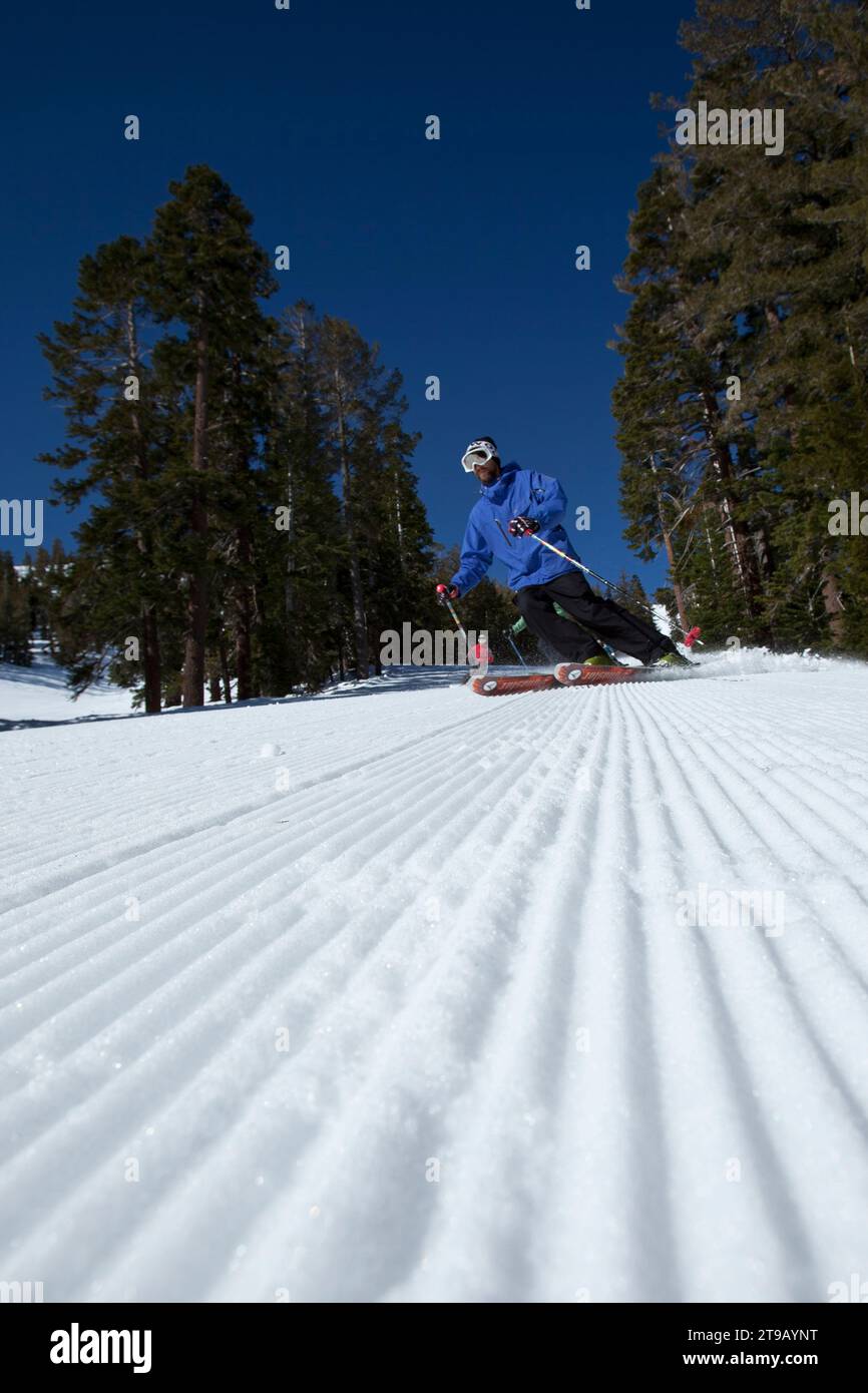 Low angle perspective of a ski instructor skiing with his class in tow. Stock Photo