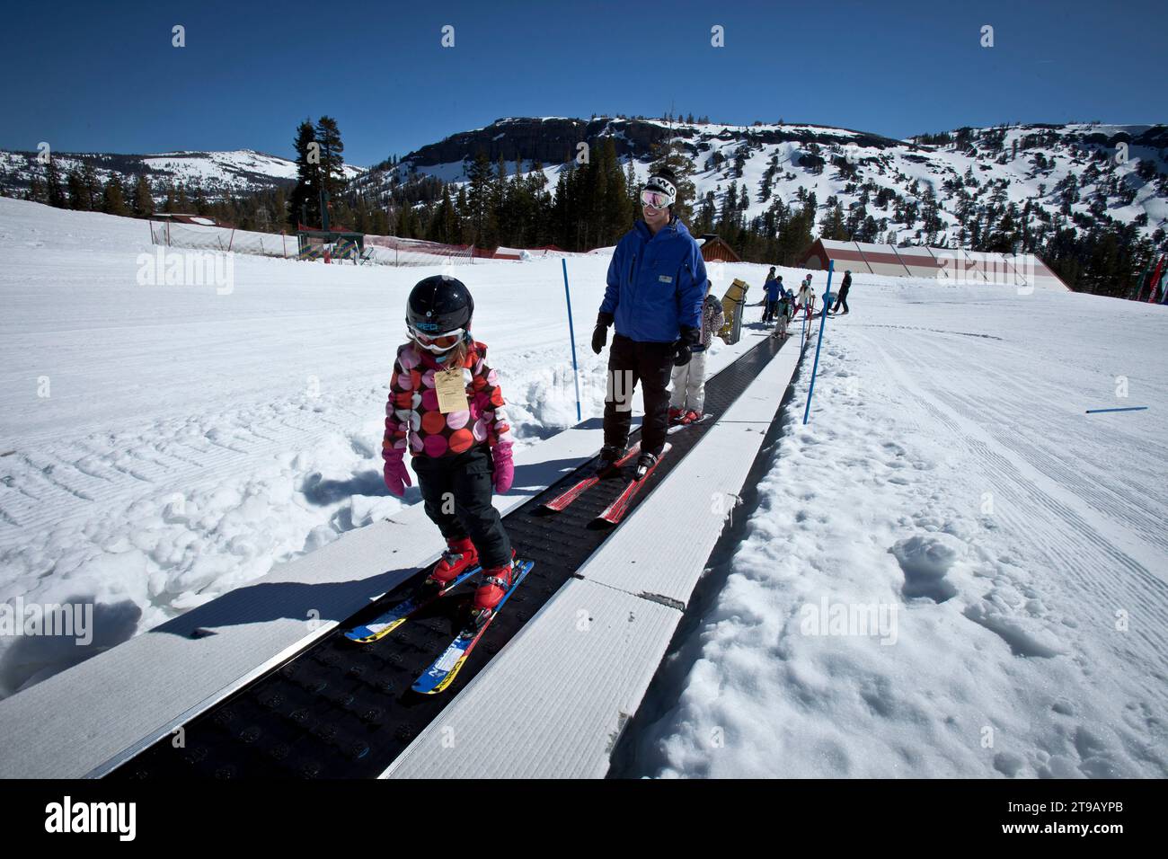 Young skiers and their instructor on a magic carpet lift. Stock Photo