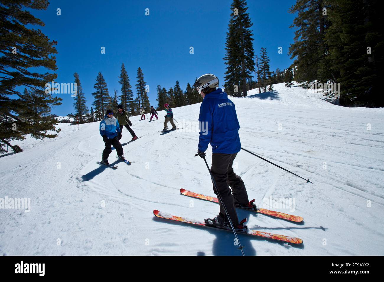 Ski Instructor helping five young skiers on a bunny slope. Stock Photo