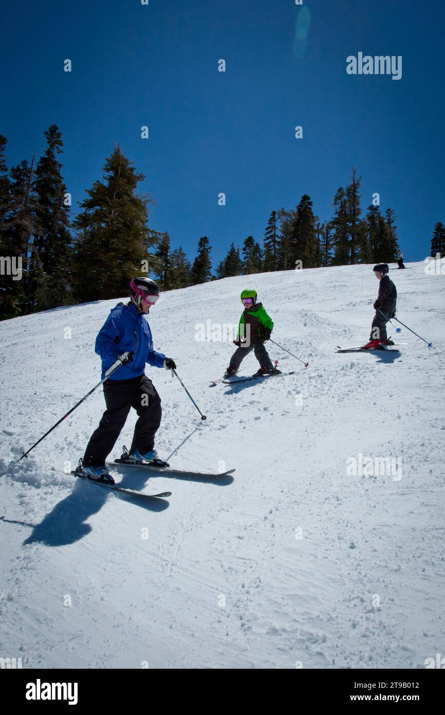 Two young skiers with their ski instructor making turns down the mountain. Stock Photo