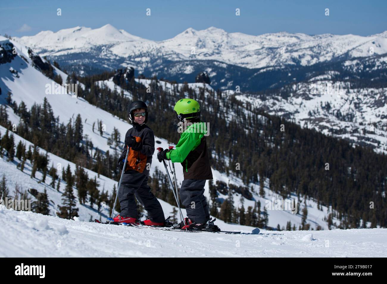 Two young skiers with a big view. Stock Photo