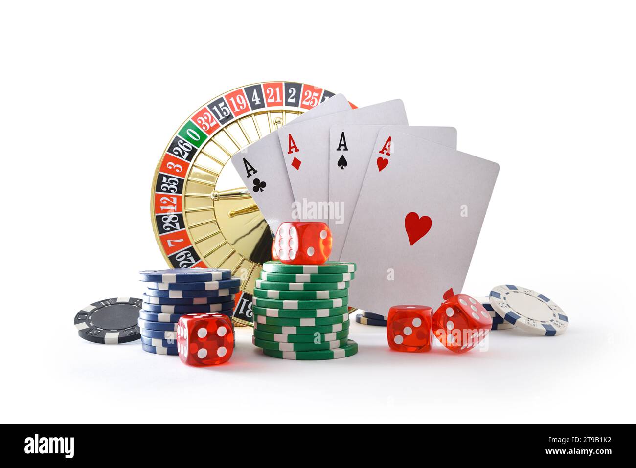 Casino games background isolated on white background with playing cards, betting chips and dice for playing various games of chance. Front view. Stock Photo