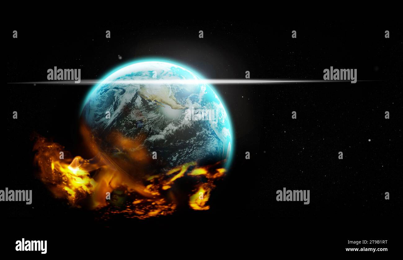 Space, planet earth on fire and global warming for world crisis ...