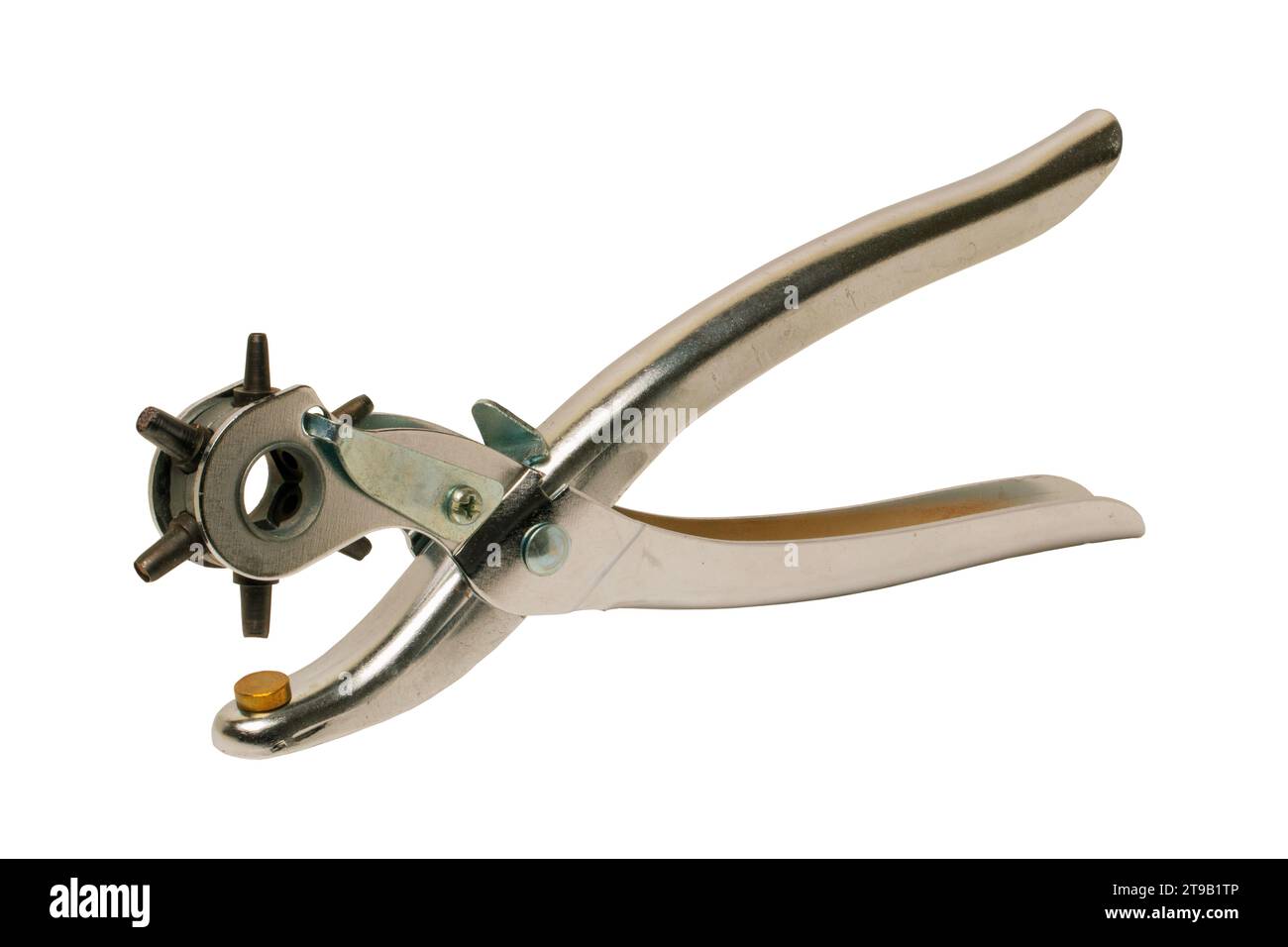Tailoring accessories. Closeup of a old adjustable Steel punch pliers or hole punch tool isolated. Clipping path. Tools from tailor, saddler or cobble Stock Photo