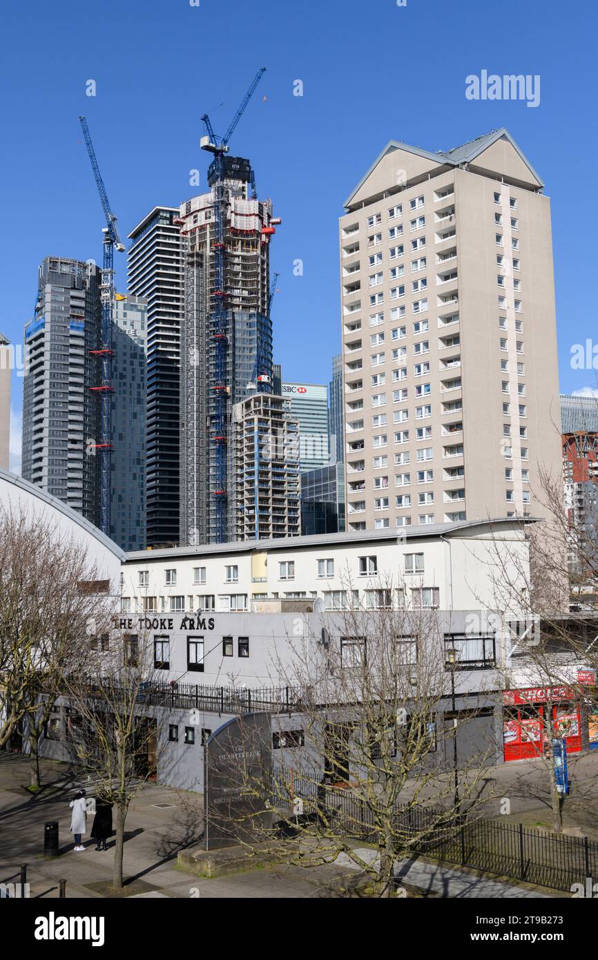 Barkantine Estate social housing stands in contrast to Canary Wharf's