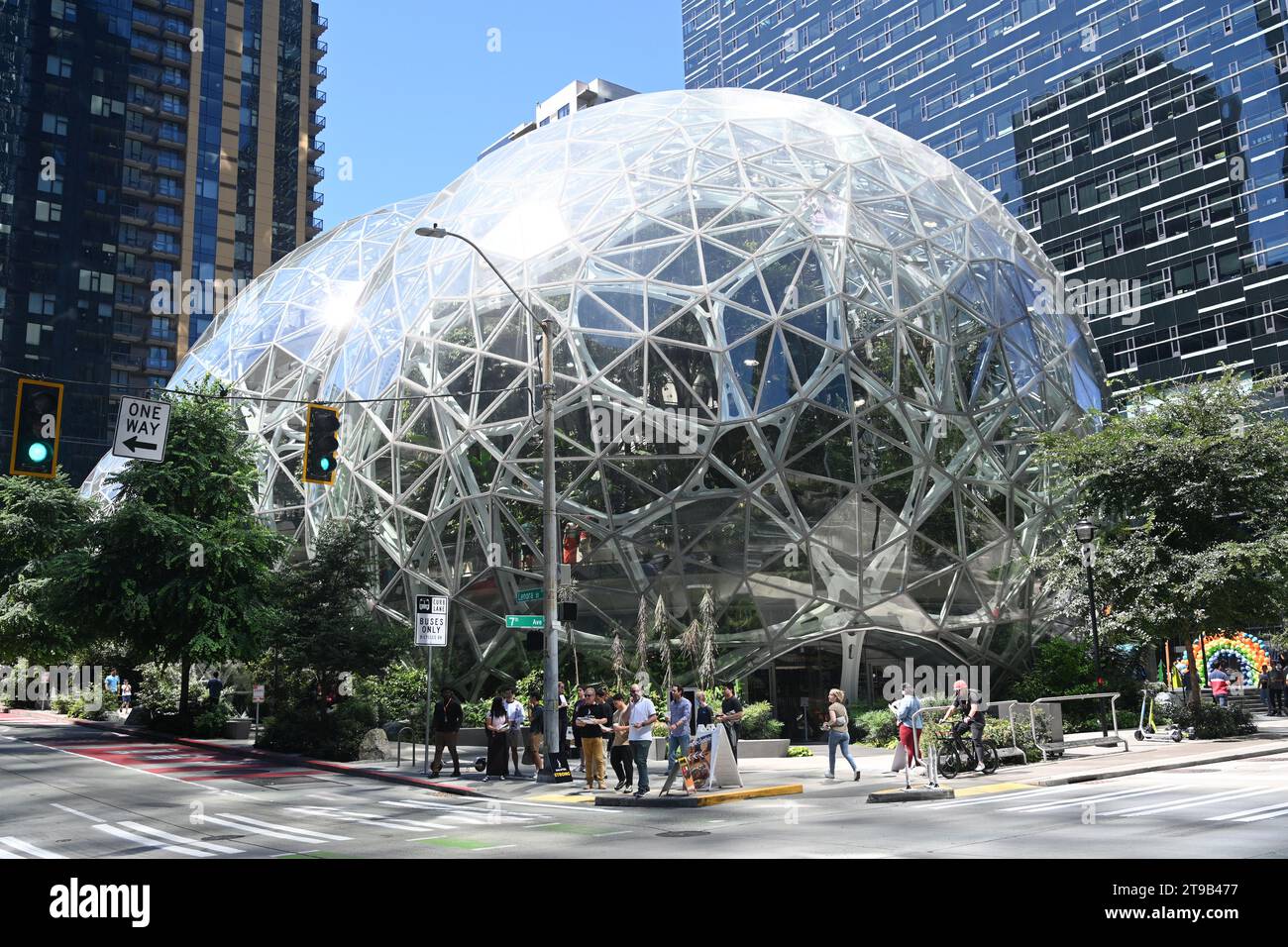 Seattle, WA, USA - August 3, 2023: People near the Amazon head office in Seattle. Stock Photo