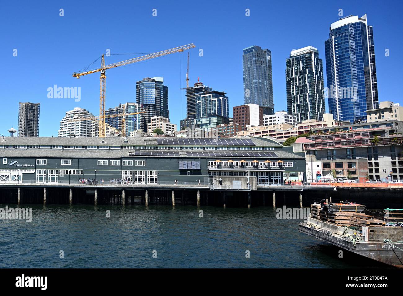 Seattle, WA, USA - August 3, 2023: The construction in Seattle. Construction crane. Stock Photo