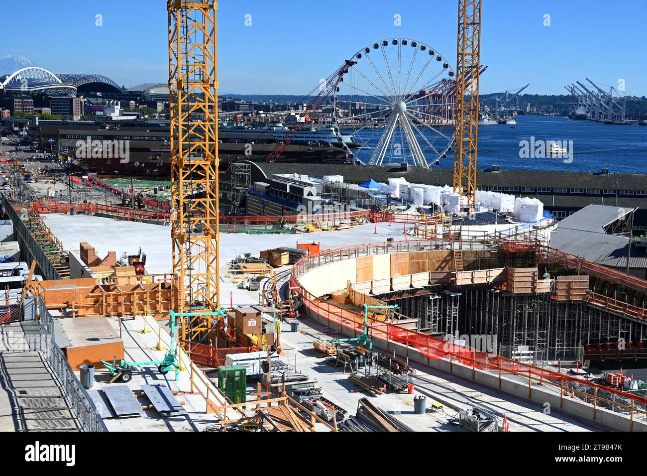 Seattle, WA, USA - August 3, 2023: The construction in Seattle. Construction crane. Stock Photo