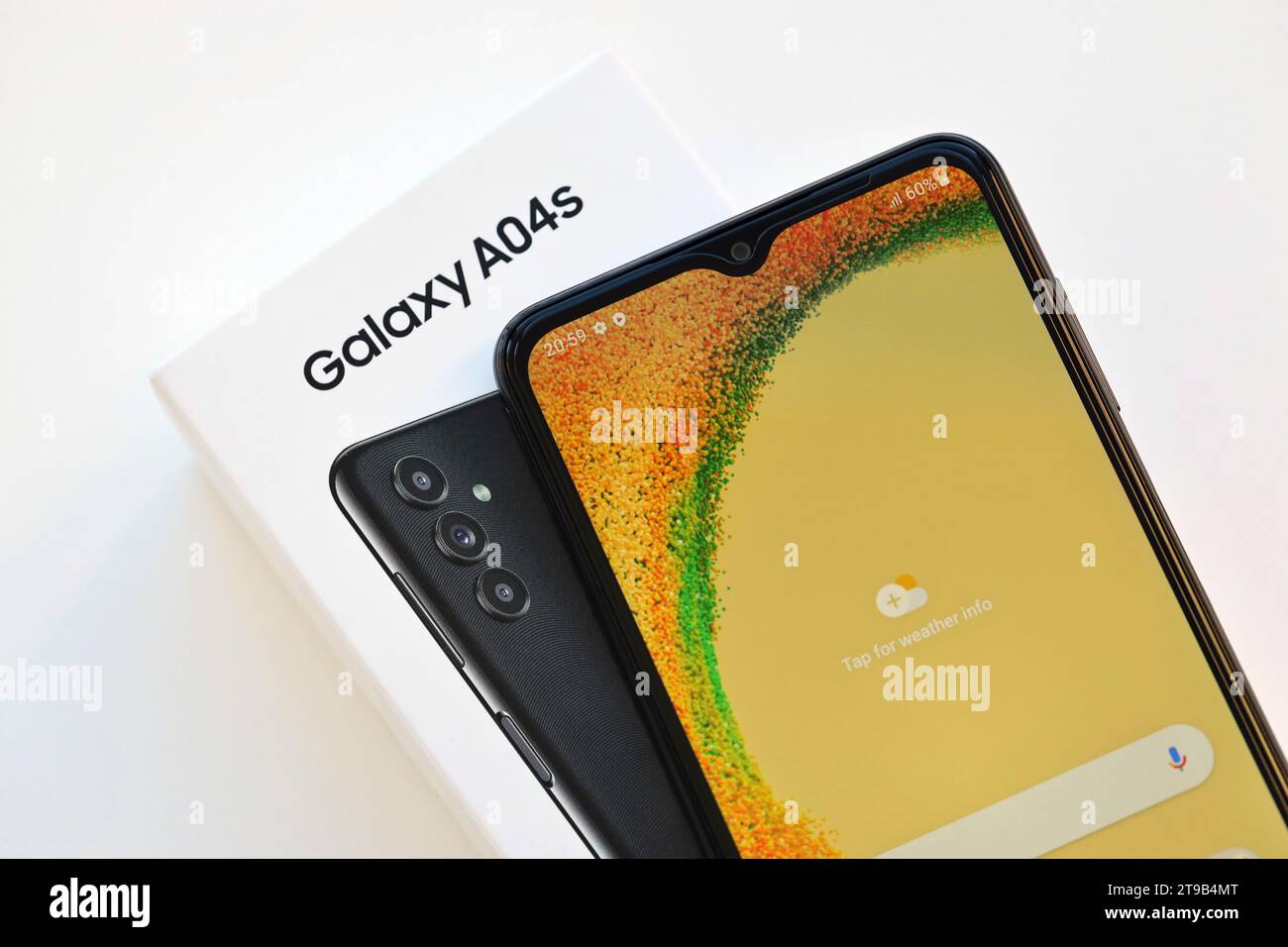 KYIV, UKRAINE - 4 MAY, 2023: Samsung Galaxy A04 Android smartphone has a 6.5-inch PLS LCD panel with Infinity-V design Stock Photo
