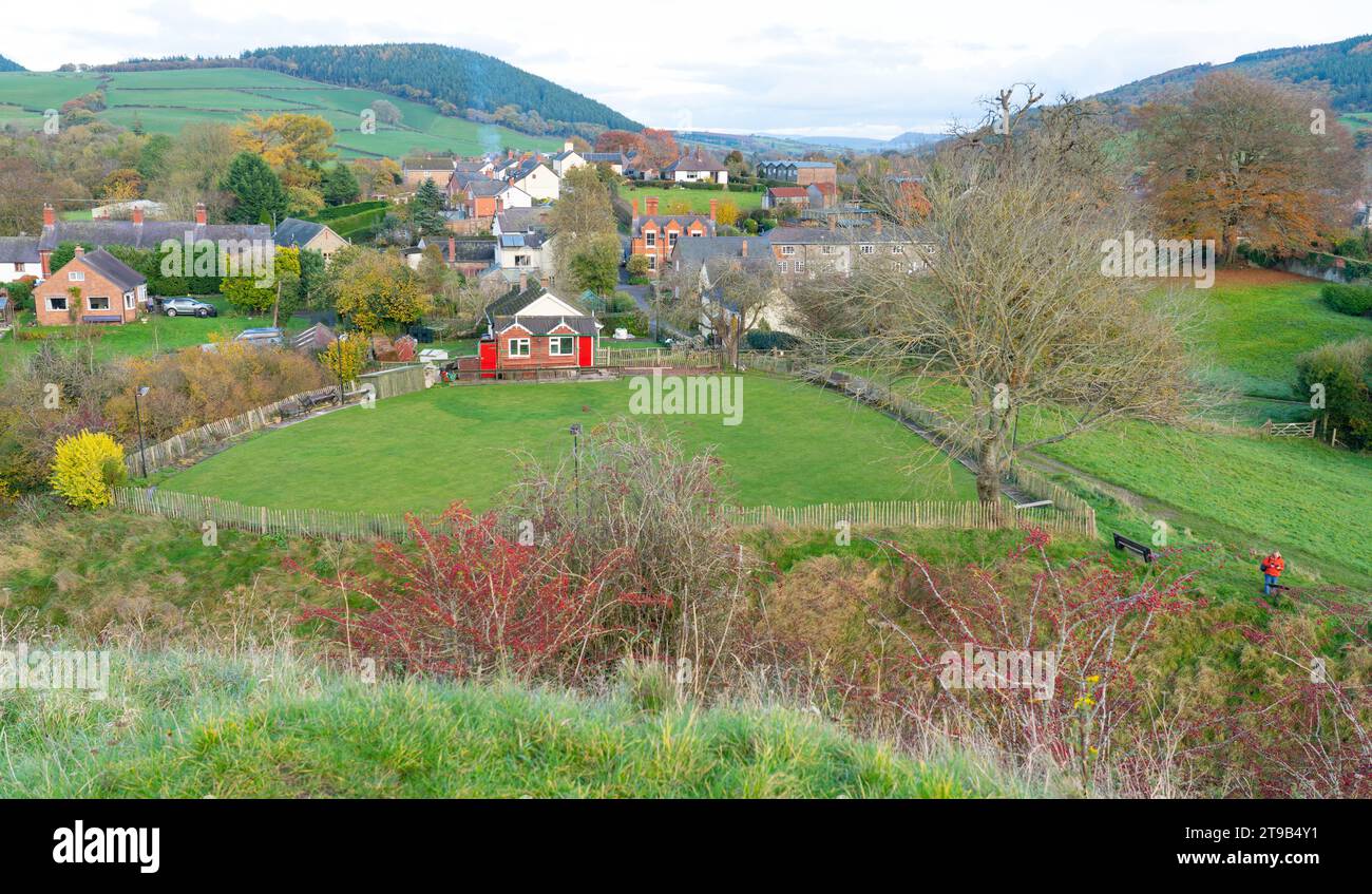 Clun Bowling Club, Clun, Shropshire. Modest and quaint with its wooden club house. Pictured in November 2023. Stock Photo