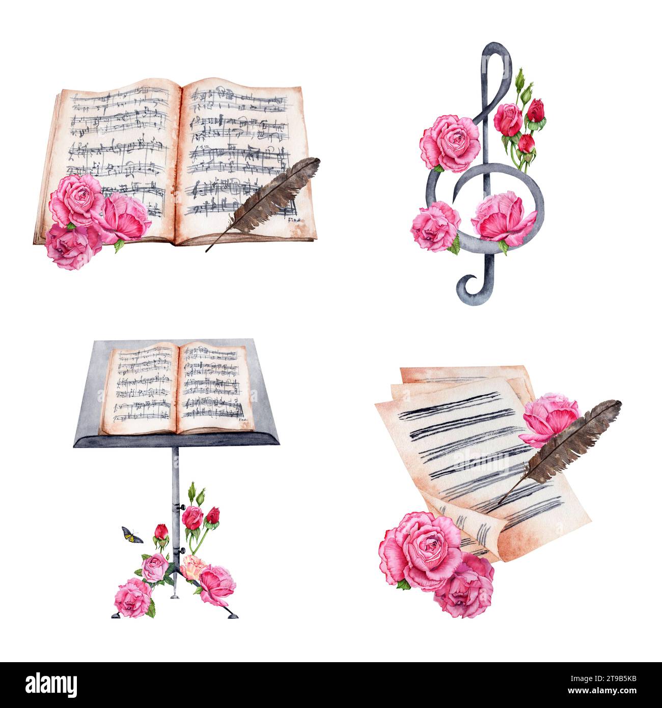 Violin, string instrument, treble clef, music stand, sheet music, rose flowers. Collection of classical music hand drawn design compositions. Stock Photo