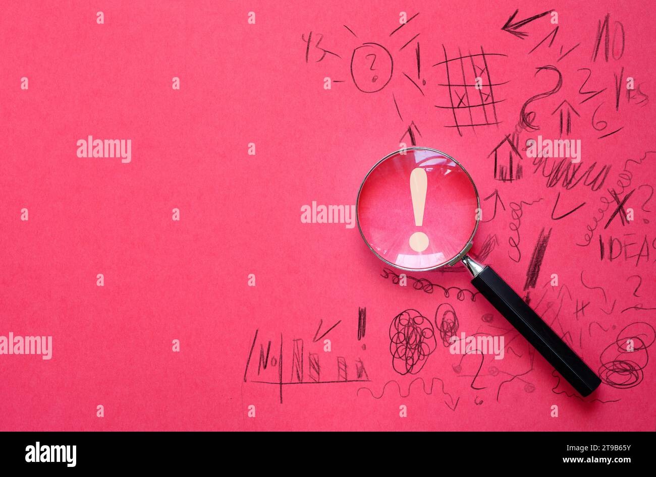 business concept, innovation,solution idea,human resources,magnifying glass with exclamation mark as symbol for finding a solution and a successful bu Stock Photo