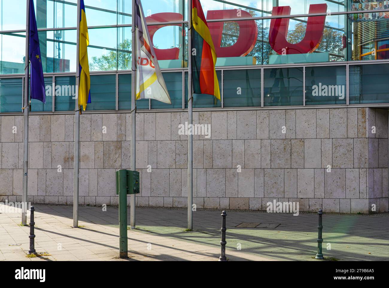 CDU lettering on the Konrad-Adenauer-Haus (KAH), the federal headquarters of the CDU party in Germany. Stock Photo