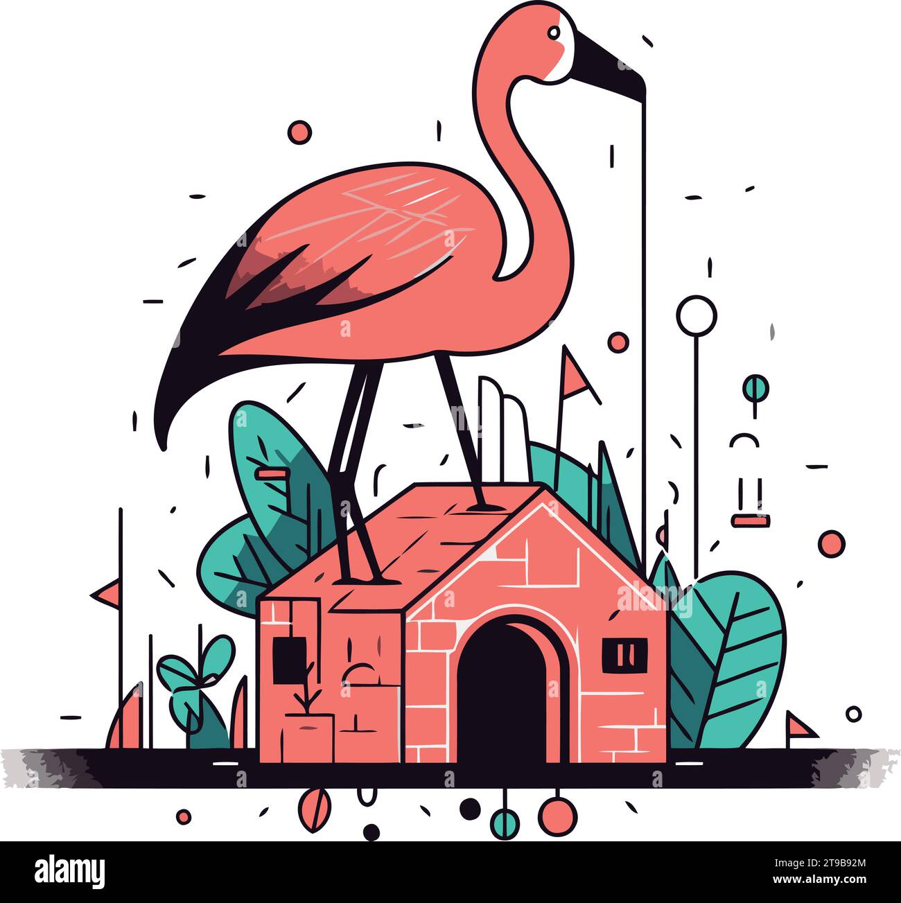 Flamingo on the roof of the house. Vector illustration Stock Vector