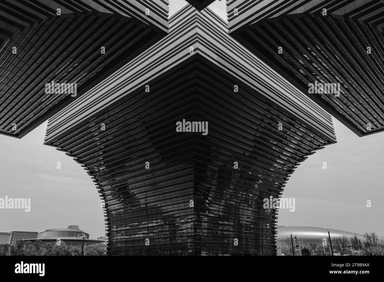 An impressive monochrome shot of Changzhou Cultural Plaza with striking symmetry and geometric shapes Stock Photo
