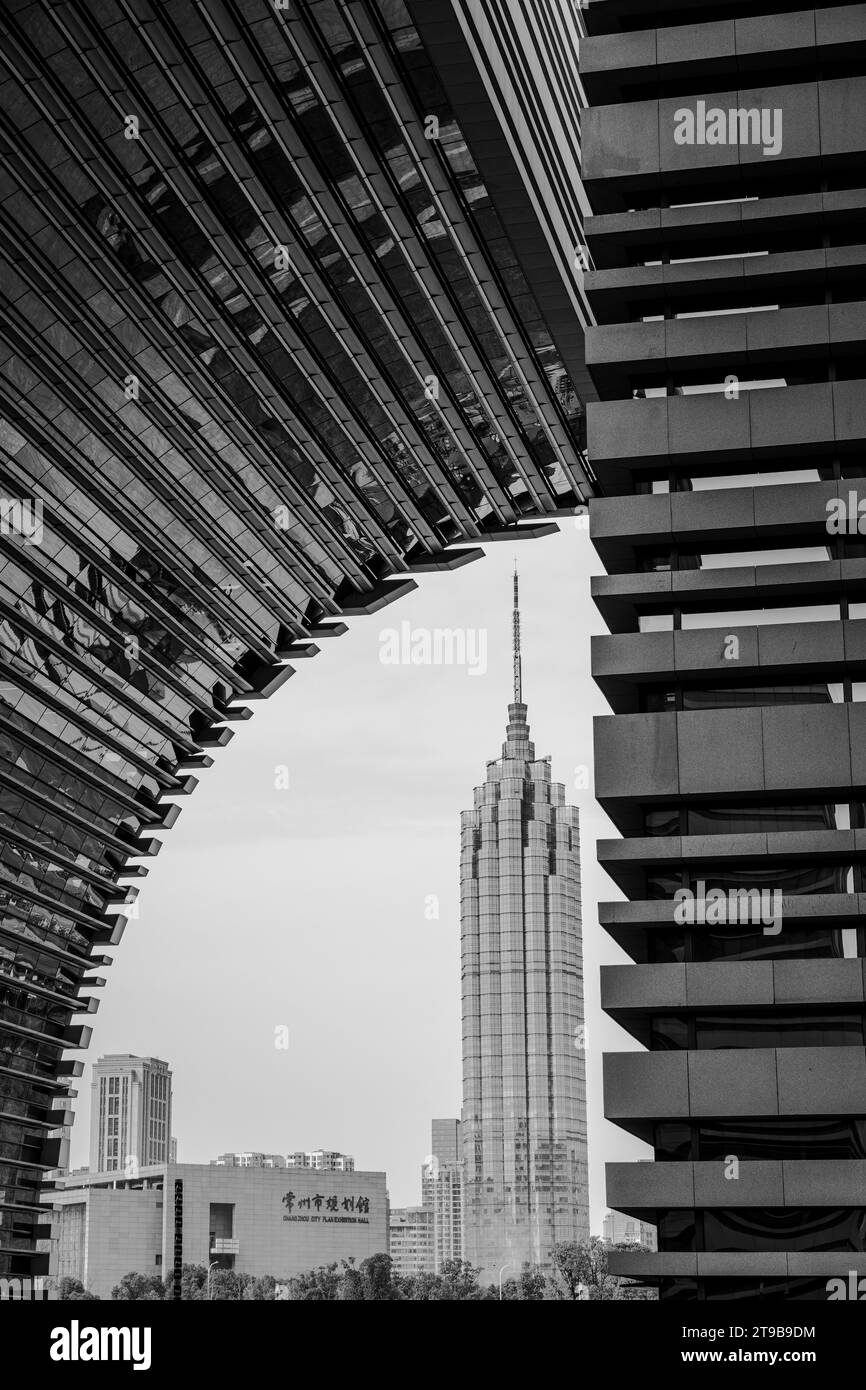 An impressive monochrome shot of Changzhou Cultural Plaza with striking symmetry and geometric shapes Stock Photo