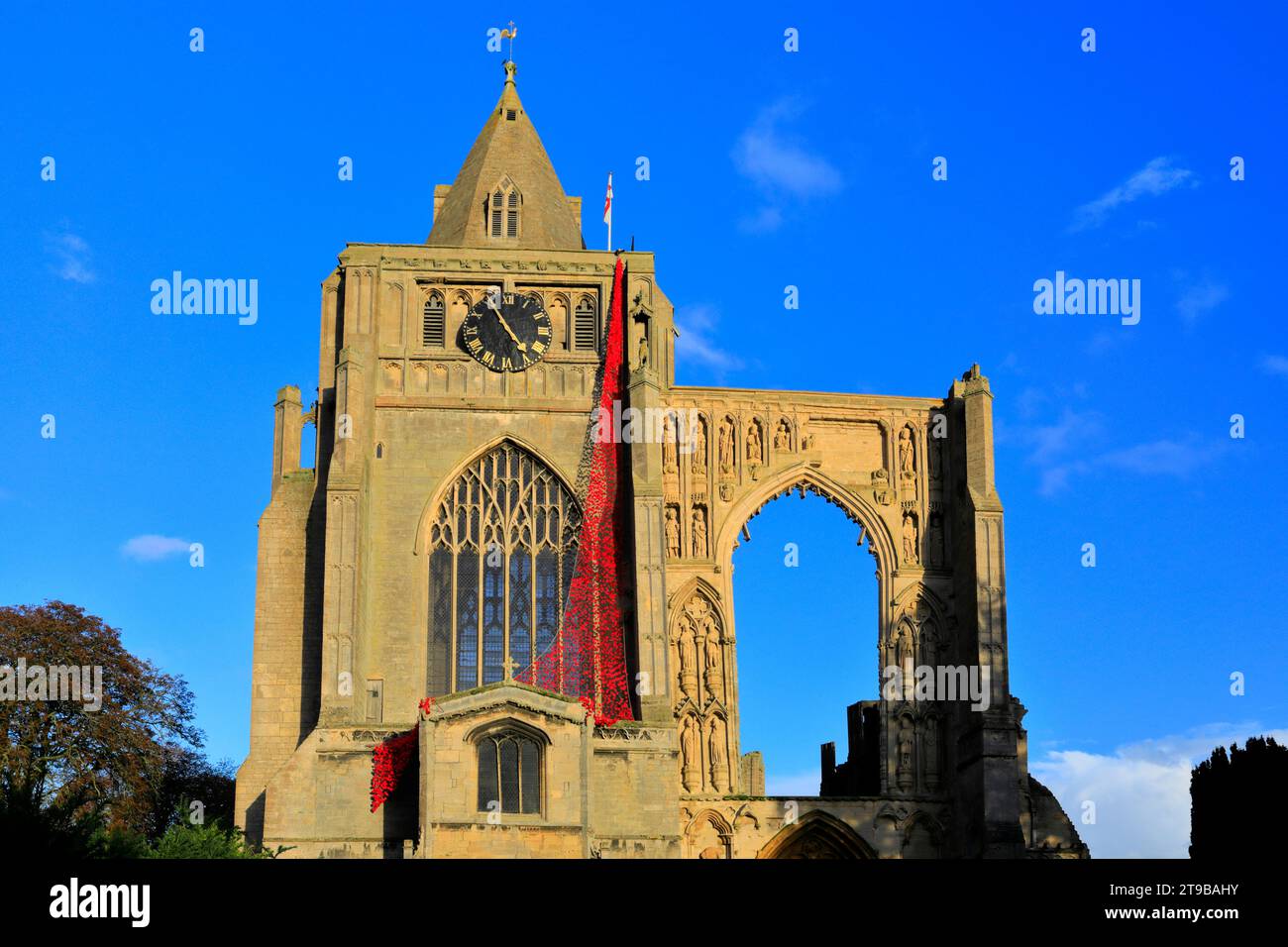 A wave of Poppies on Crowland Abbey; Crowland town; Lincolnshire; England; UK Stock Photo