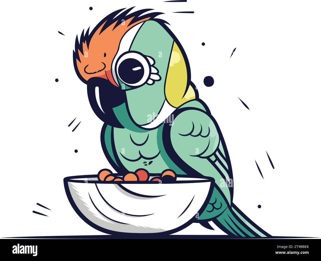 Cute cartoon parrot eating from a bowl. Vector illustration Stock