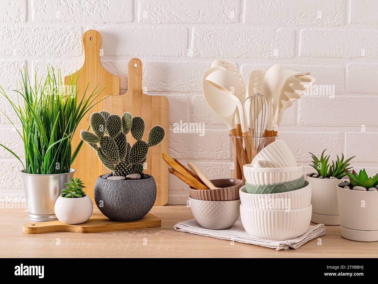Light Kitchen Background With Wooden Eco Friendly Kitchen Utensils