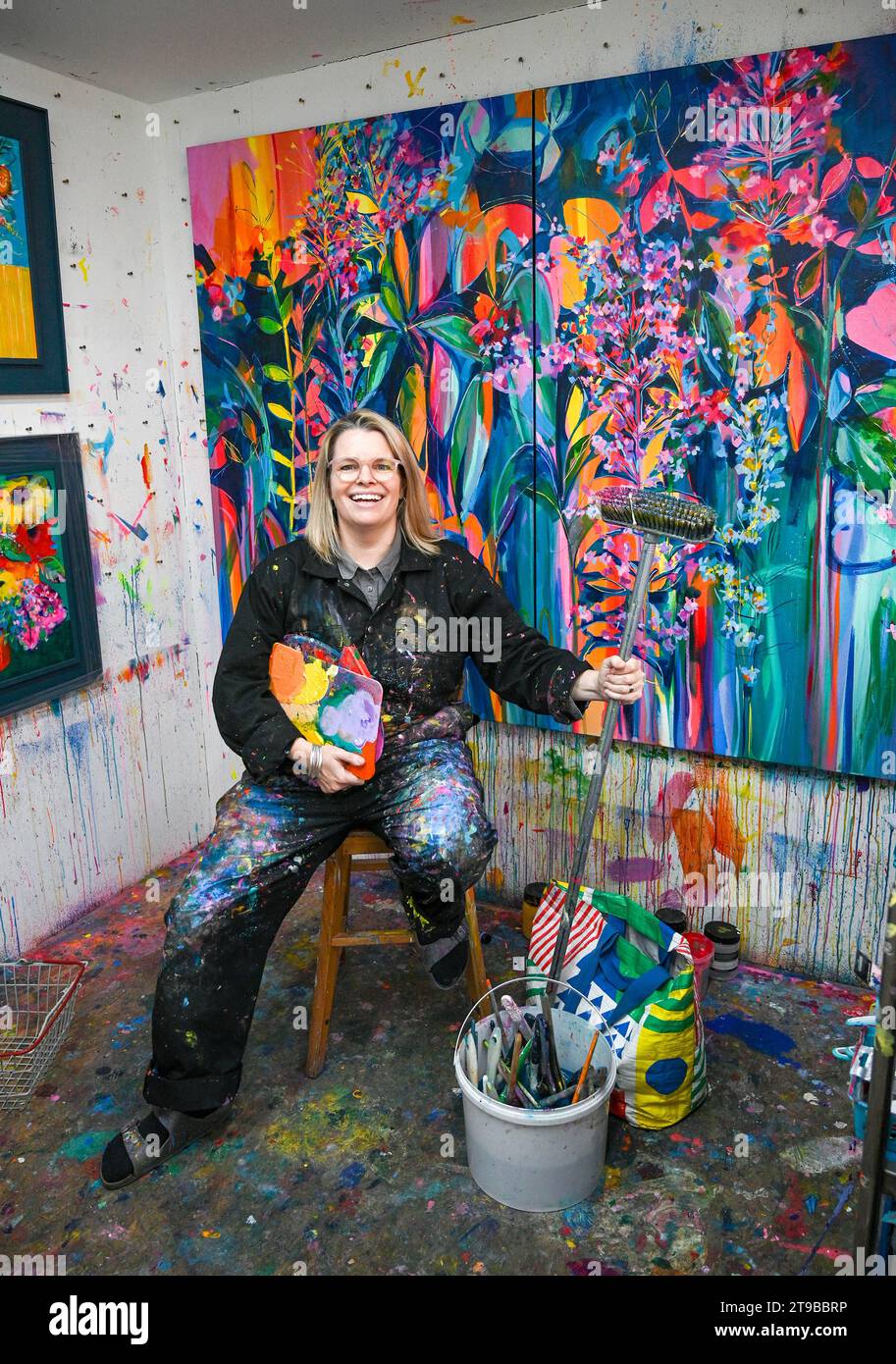 Brighton UK 24th November 2023 - Artist Faye Bridgwater ready for the start of the Brighton & Hove Winter Artists Open Houses event which takes place over the next three weekends . 60 artists houses and studios are opening their doors to the public for The Artists Open Houses 2023 Winter Festival across Brighton and Hove : Credit Simon Dack / Alamy Live News Stock Photo