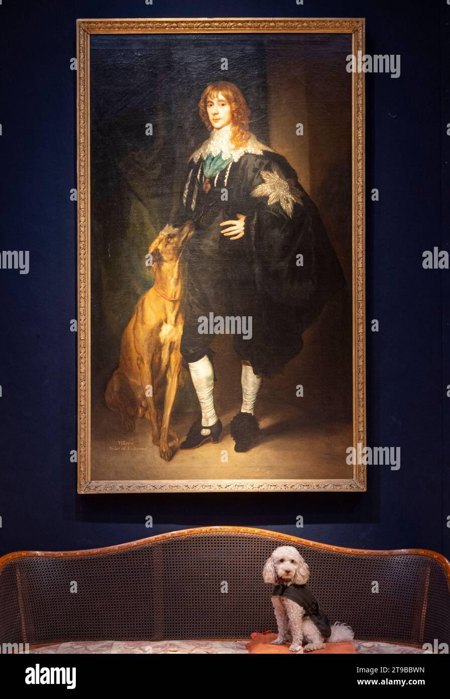 London, UK. 24th Nov, 2023. Christie's unveil the full pre-sale exhibition ahead of the auction of Ombersley Court: The Collection of Lord and Lady Sandys on 29 Nov 2023. Image: Follower of Sir Anthony Van Dyck, Portrait of James Stuart, 4th Duke of Lennox and 1st Duke of Richmond (1612-1655), full-length, wearing the star and Garter of the Order of the Garter, with his hound at his feet. Estimate £5,000-8,000. Credit: Malcolm Park/Alamy Live News Stock Photo