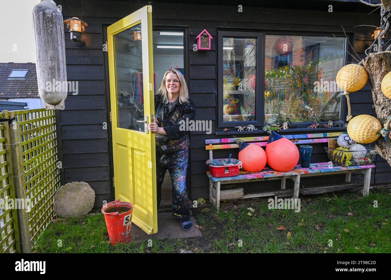 Brighton UK 24th November 2023 - Artist Faye Bridgwater ready for the start of the Brighton & Hove Winter Artists Open Houses event which takes place over the next three weekends . 60 artists houses and studios are opening their doors to the public for The Artists Open Houses 2023 Winter Festival across Brighton and Hove : Credit Simon Dack / Alamy Live News Stock Photo