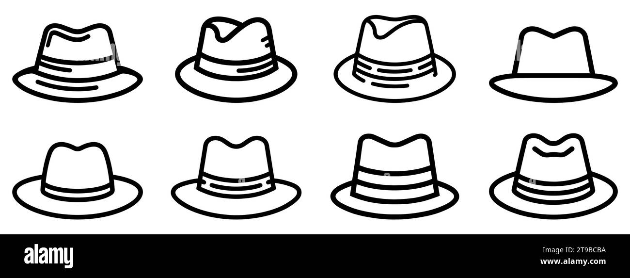 Fedora hat icon. Collection of line art drawings of various fedora hats