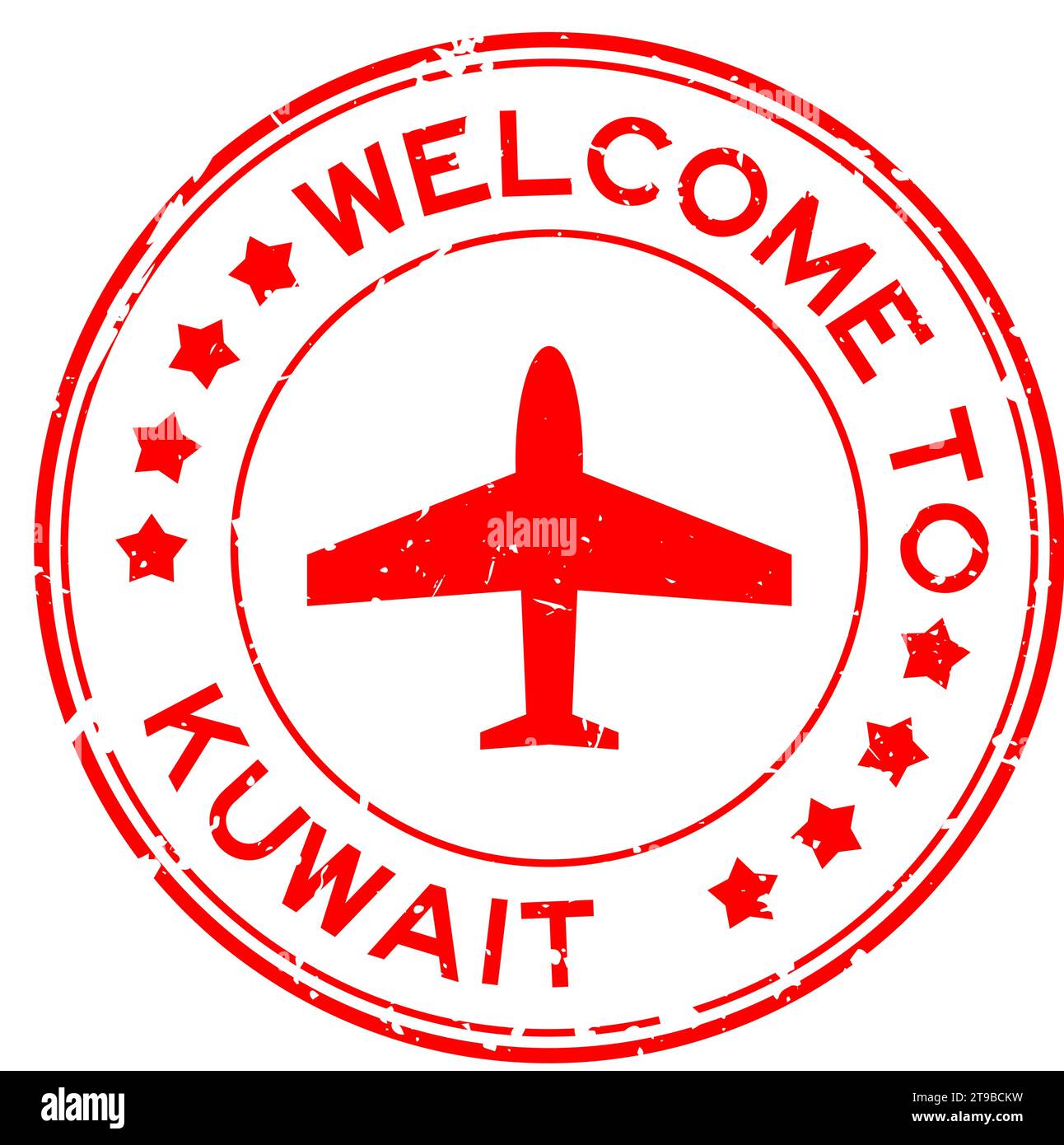 Grunge red welcome to kuwait word with plane icon round rubber seal stamp on white background Stock Vector