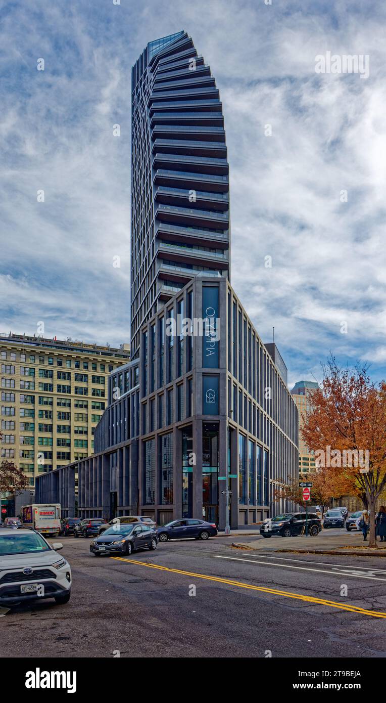 Olympia DUMBO is a 33-story sail-shaped glass and steel mixed-use condo at 30 Front Street, adjacent to the Brooklyn Bridge anchorage. Stock Photo