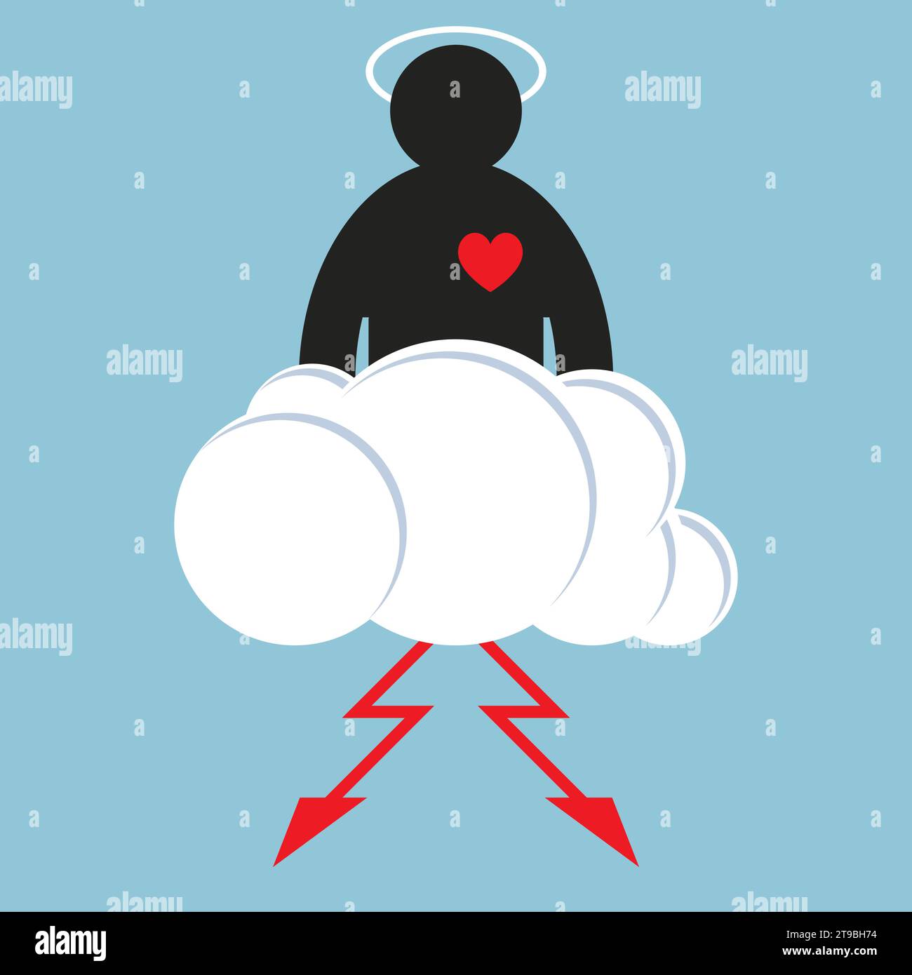 Silhouette of God in the sky, on a cloud with lightning and a red heart. Thundercloud with lightning. Vector illustration. Stock Vector