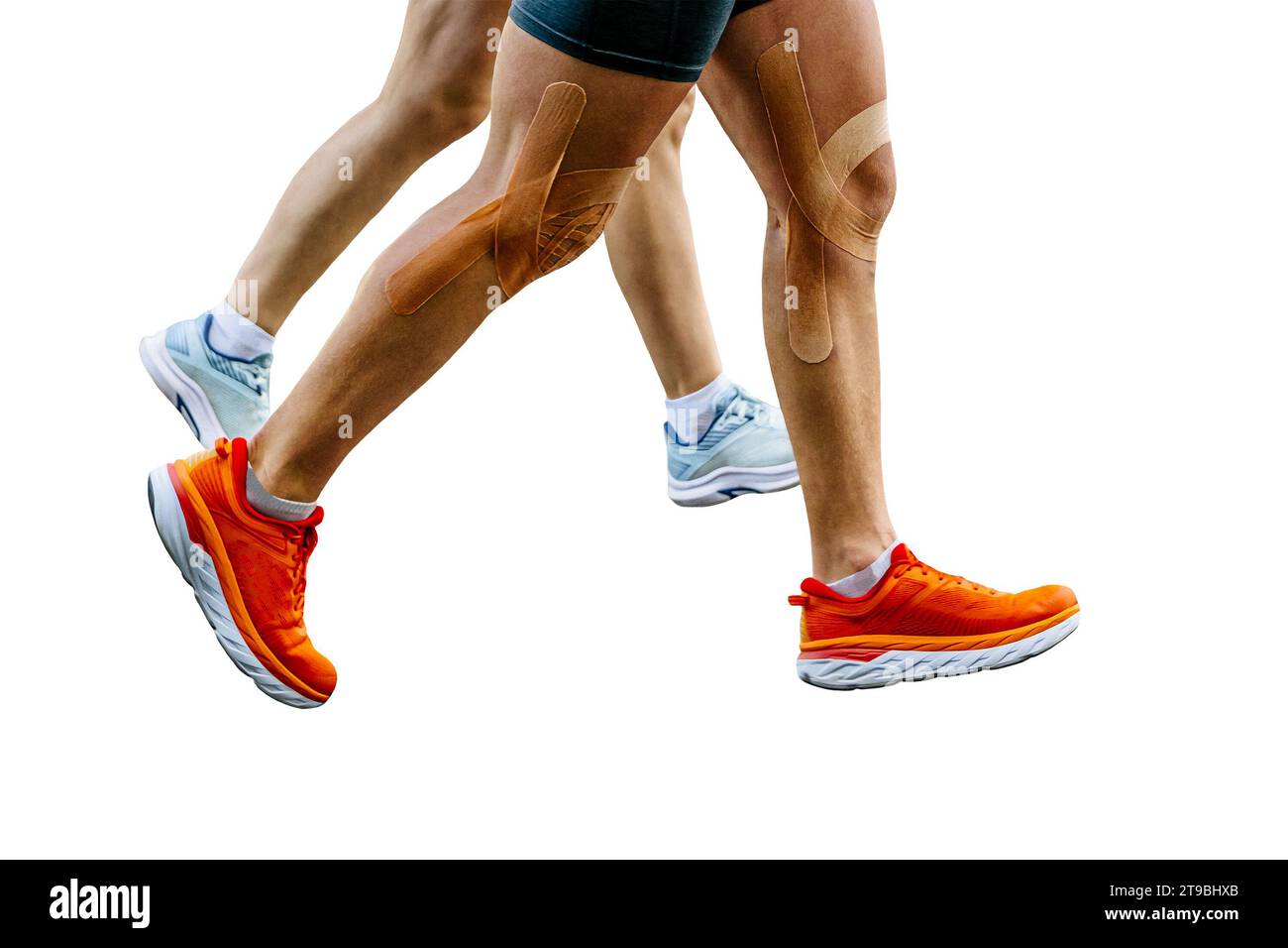 close-up legs couple runners man and woman running marathon race together isolated on white background Stock Photo