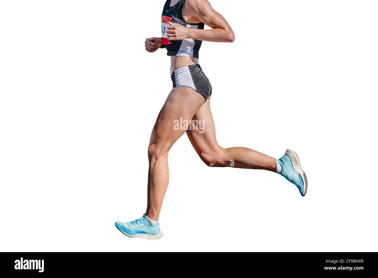 side view female runner athlete running city marathon race, isolated on white background Stock Photo