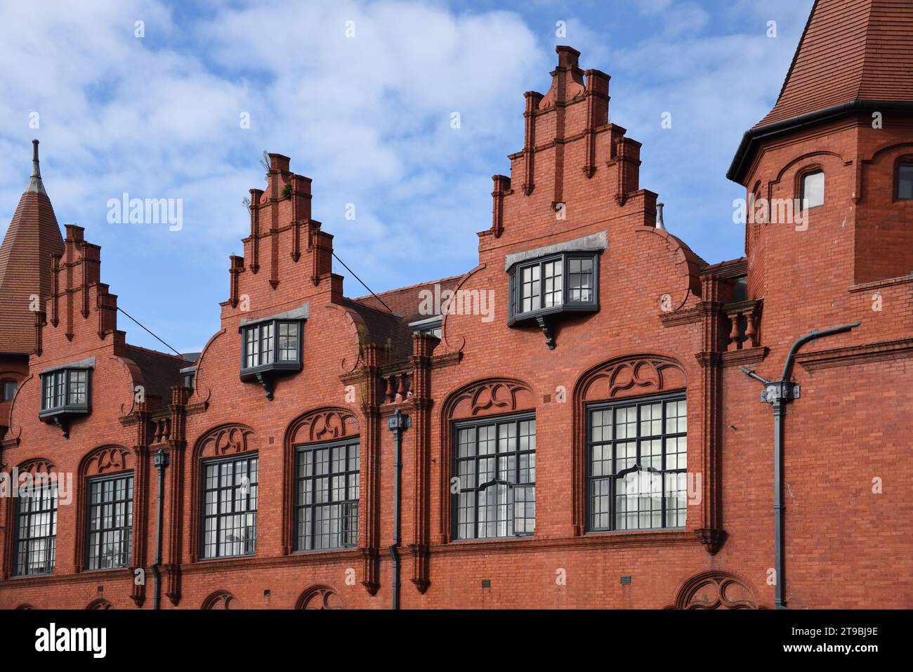 Decorative Flemish Gothic Style Red Brick Gables on Victorian Chancery House (1899) Grade II Listed Building, Paradise Street, Liverpool England UK Stock Photo