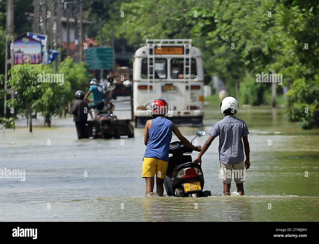 Colombo, Sri Lanka. 24th Nov, 2023. People walk through a flooded road ...