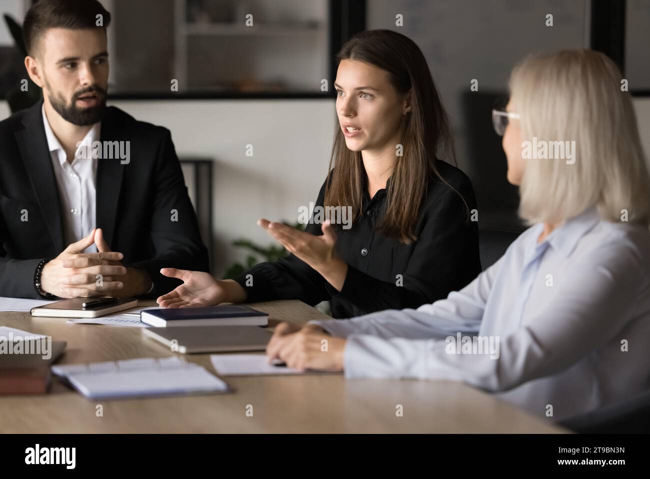 Serious pretty project manager talking to coworkers on brainstorming ...