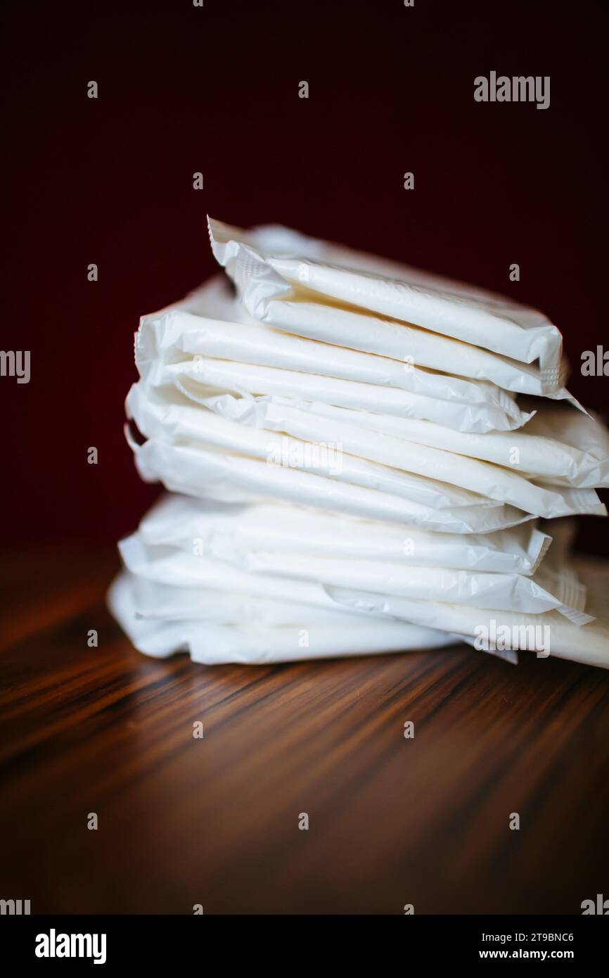 Close-up of stack of sanitary pads Stock Photo