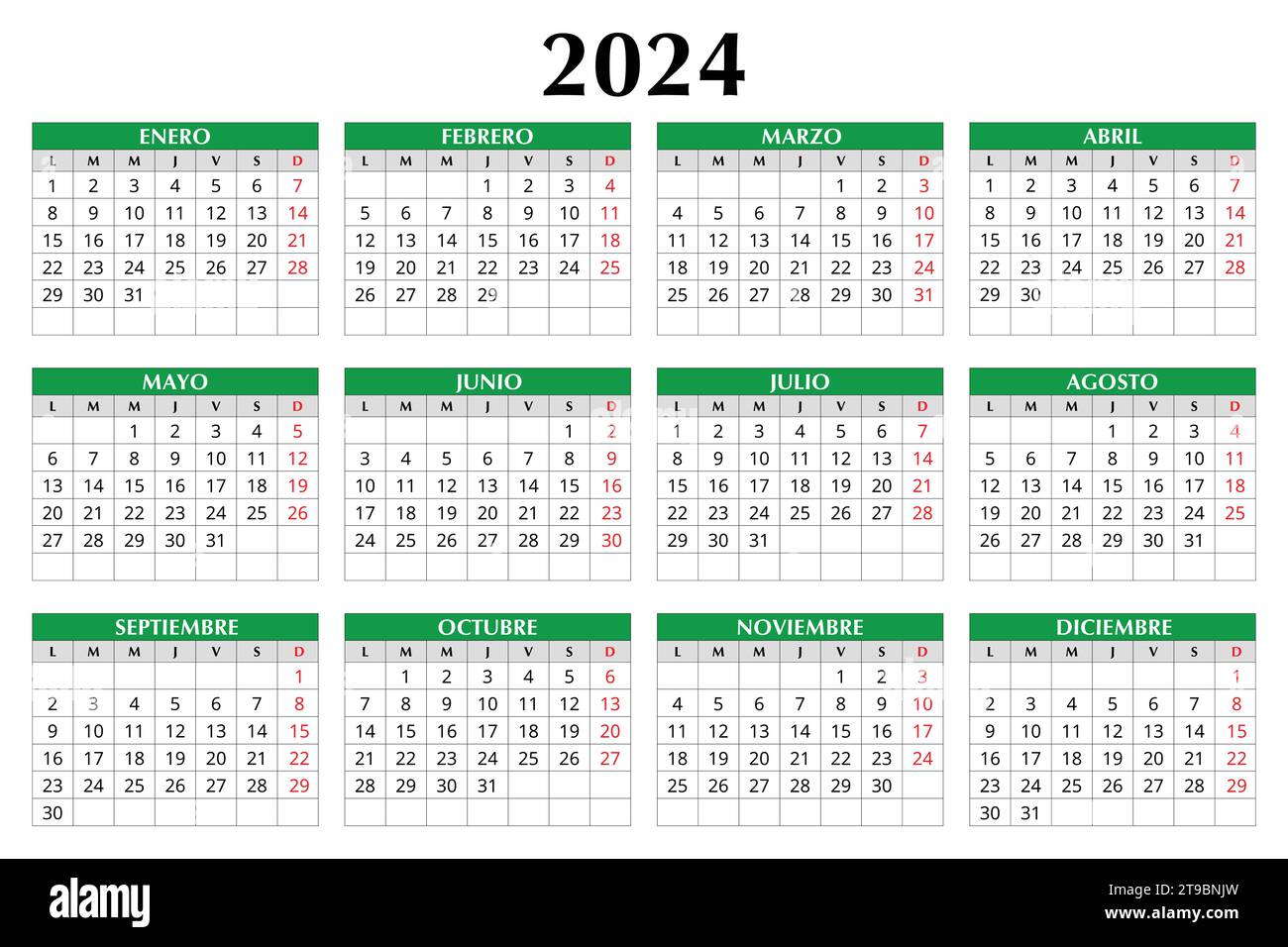 2024 year spanish calendar. Vector template illustration in Spain