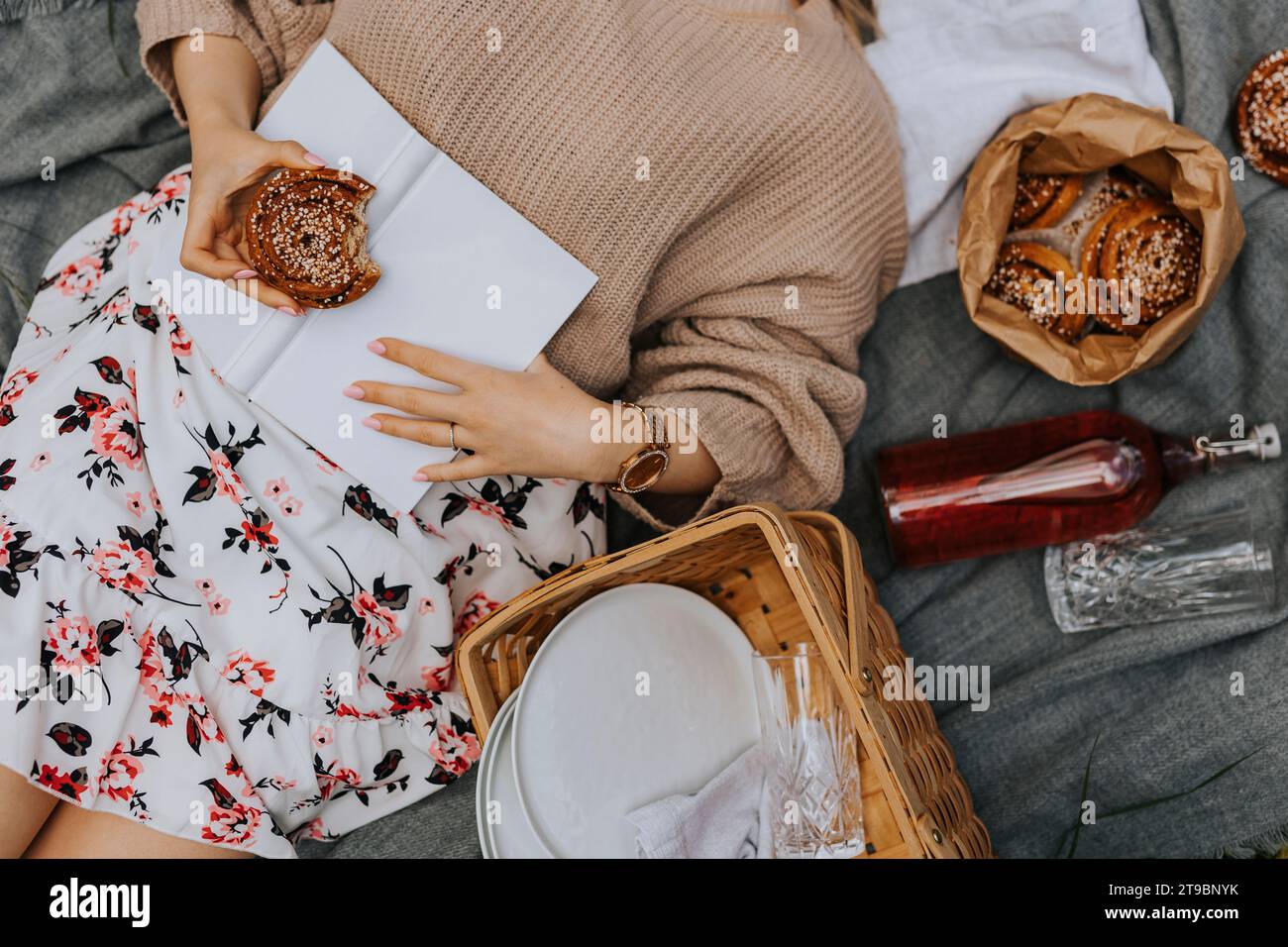 Mid section of woman lying on blanket with book and cinnamon bun Stock Photo