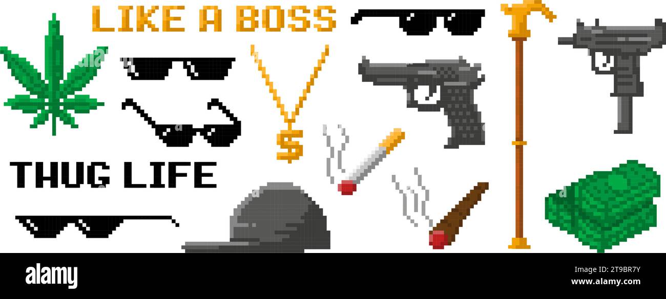 Pixel art gangsta rap accessories. Hip hop rapper pixelated sunglasses, cool gold chain, cigarette and black cap. Thug life vector icons Stock Vector