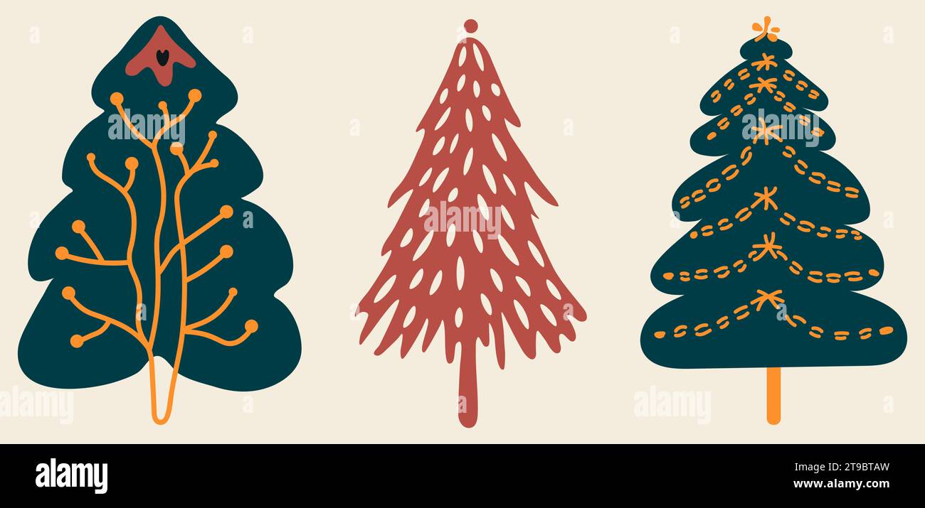 Set of hand drawn Christmas tree in flat style isolated on background. Cute cartoon icons, stickers. Winter holiday design elements. Vector Stock Vector