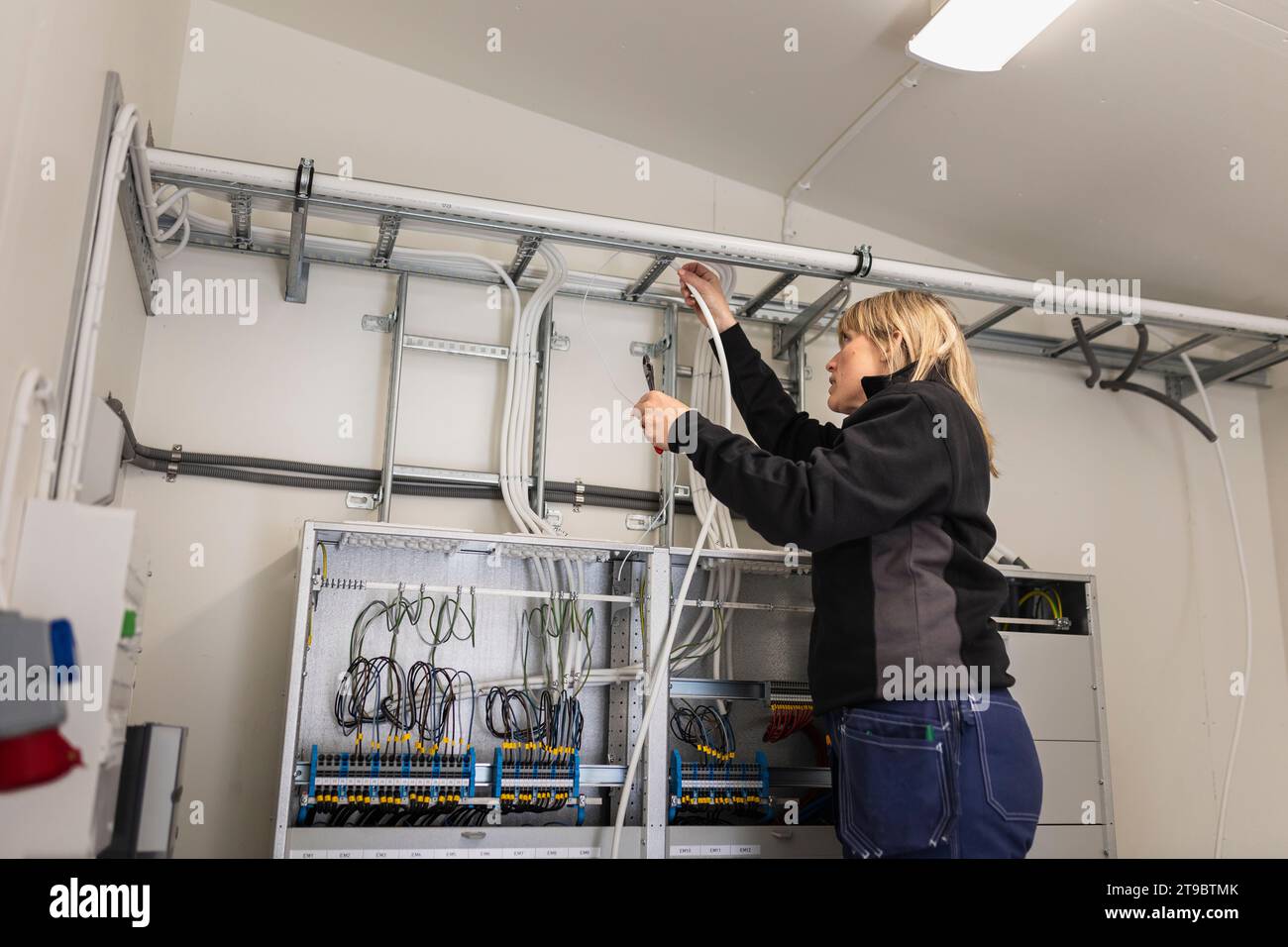 Female electrician fixing cable wires on ladder in meter room at industry Stock Photo