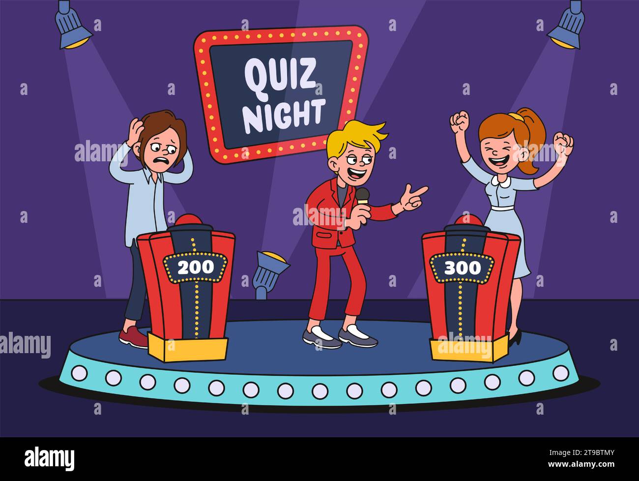 Cartoon TV quiz game. Erudite show host congratulates winner for right ...
