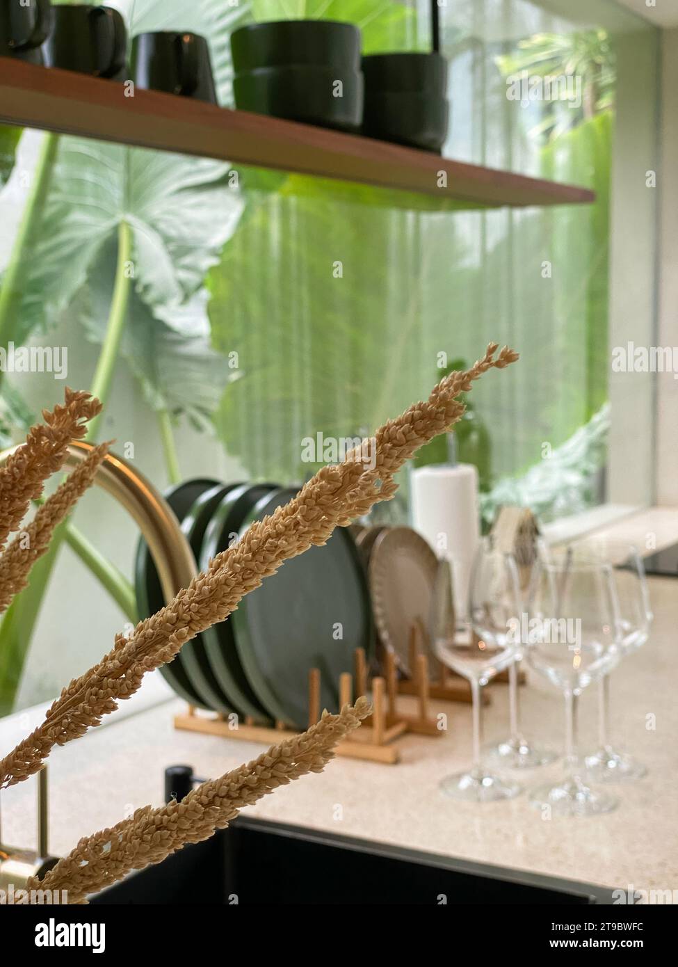 Dried decorative grass closeup with blured kitchen interior on on background Stock Photo