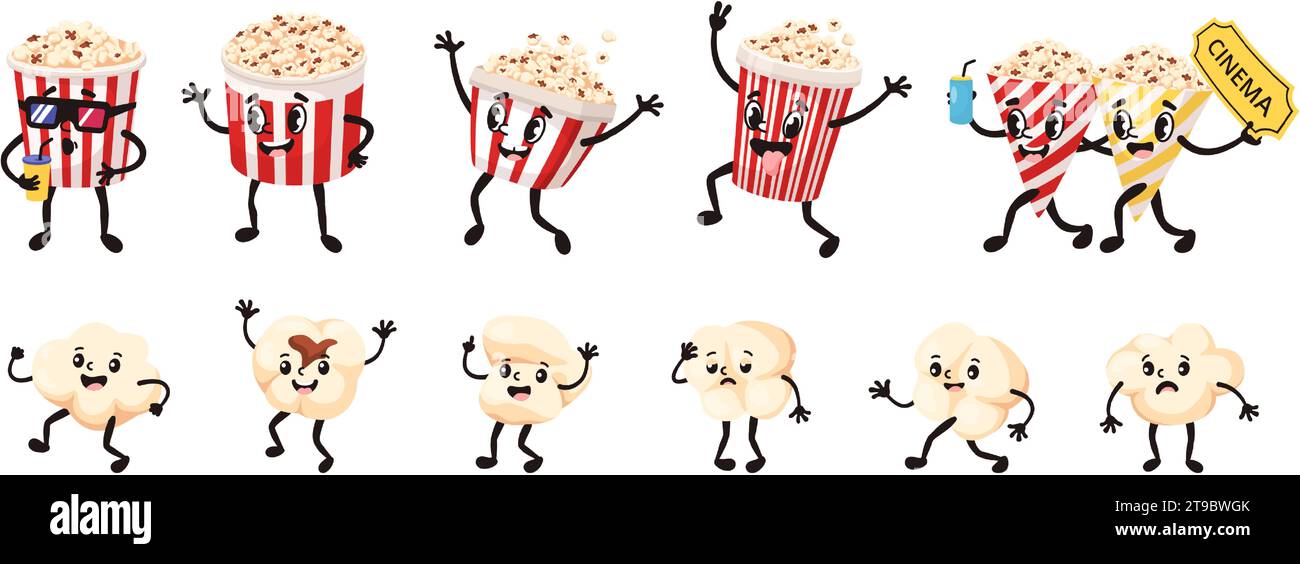 Cartoon popcorn mascot. Funny popping corn and popcorn bucket